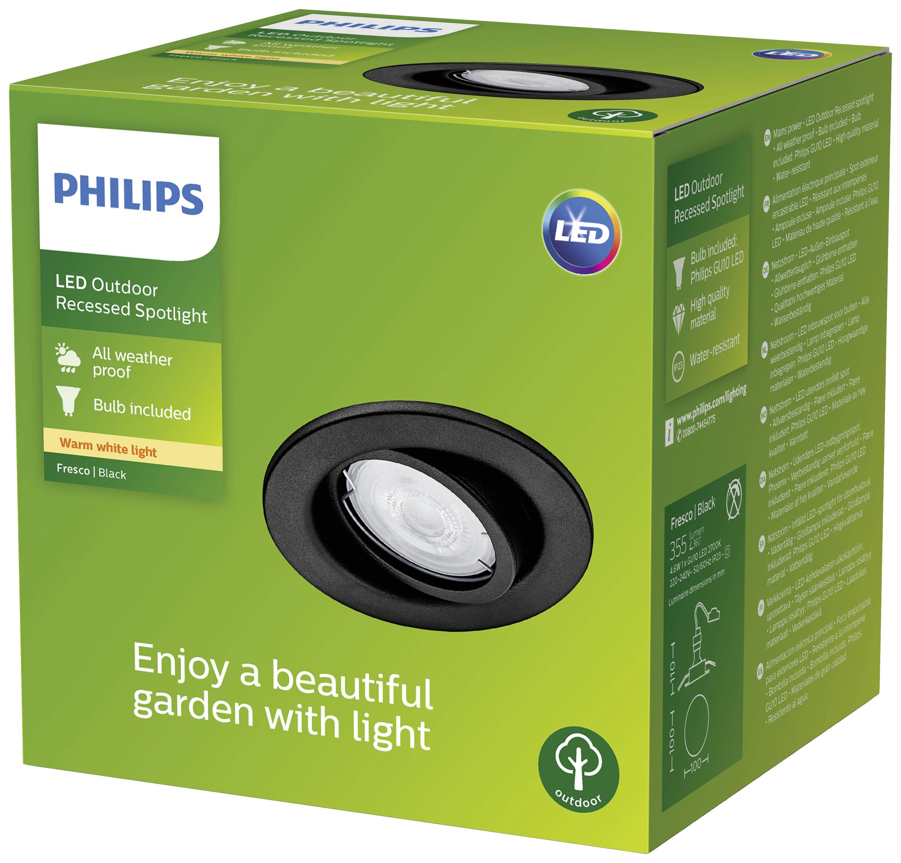 Philips LED inbouwspot voor buitengebieden, weerbestendig, warmwit licht, inclusief LED-lamp. Verpakking in groen en zwart.