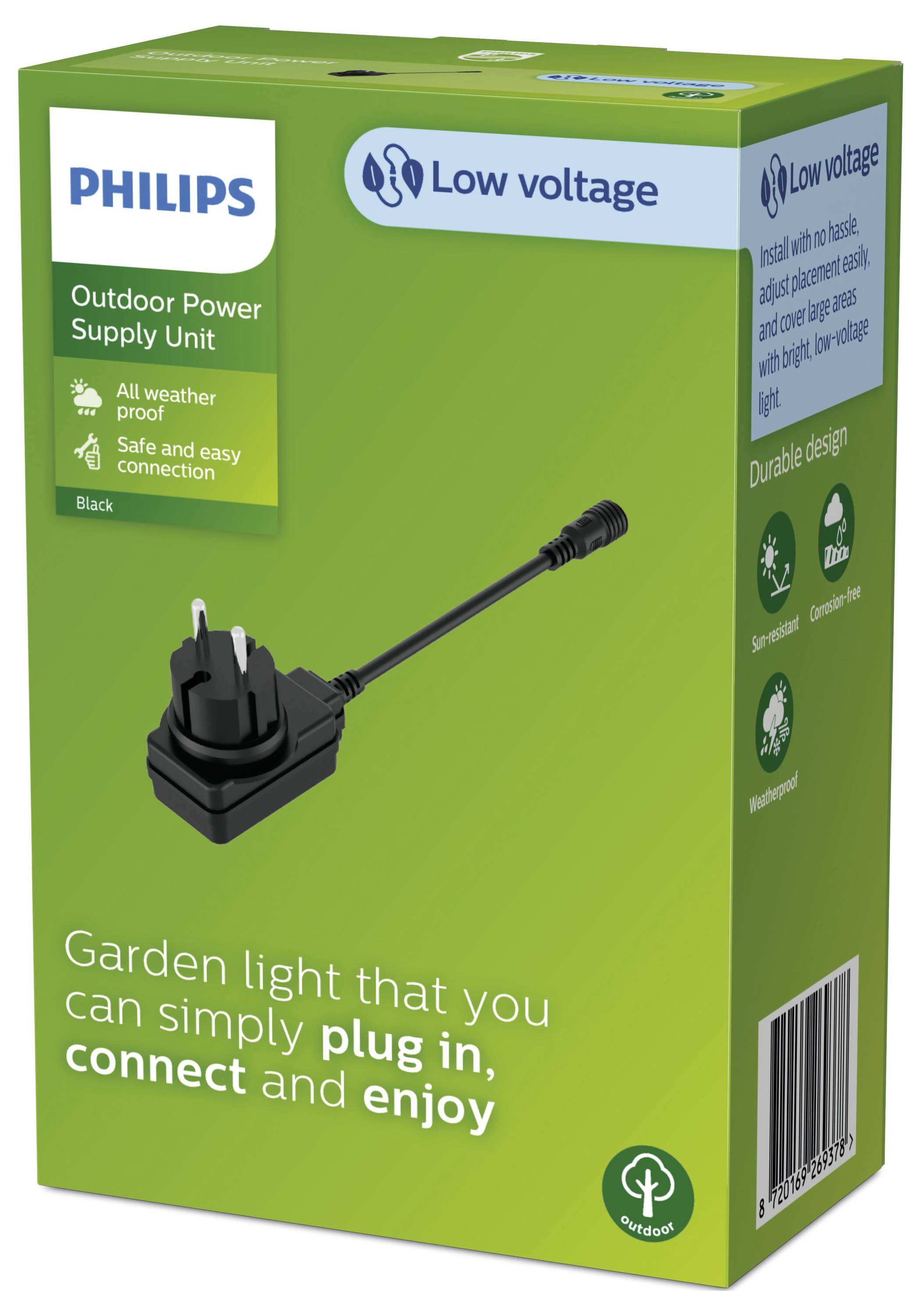 'Philips laagspanningsvoeding voor buitengebruik. Waterdicht, veilige verbinding. Steek de stekker in, verbind en geniet.'