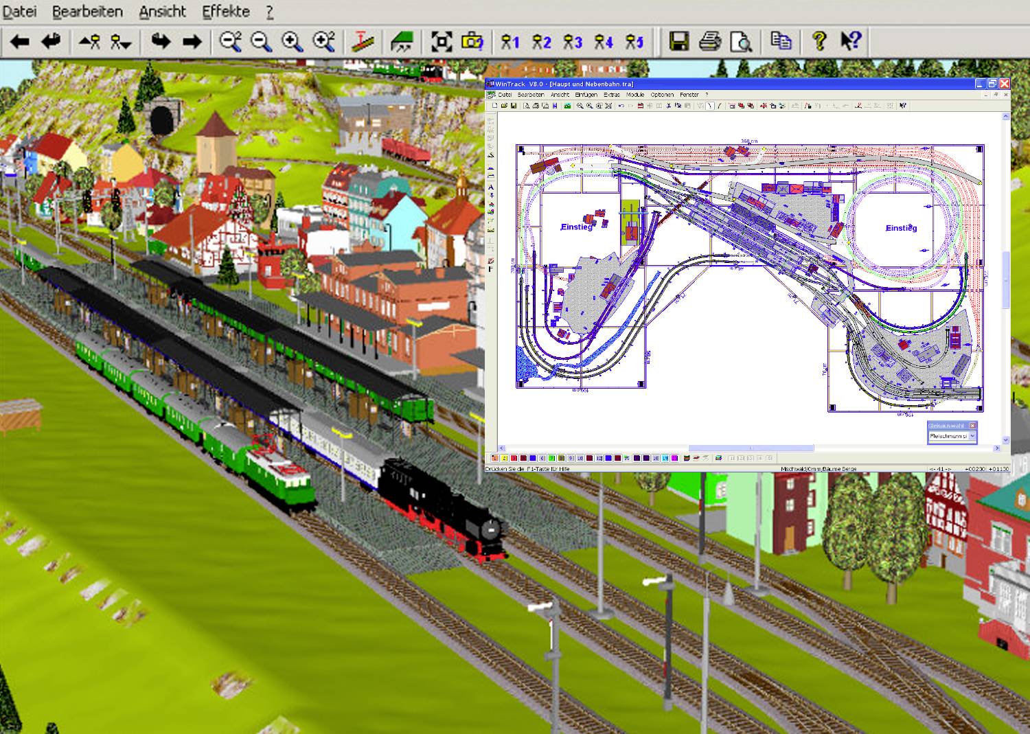 'Een schermafdruk van een modeltrein-software toont een digitaal modeltreinlandschap met treinen en gebouwen, evenals een routekaart.'