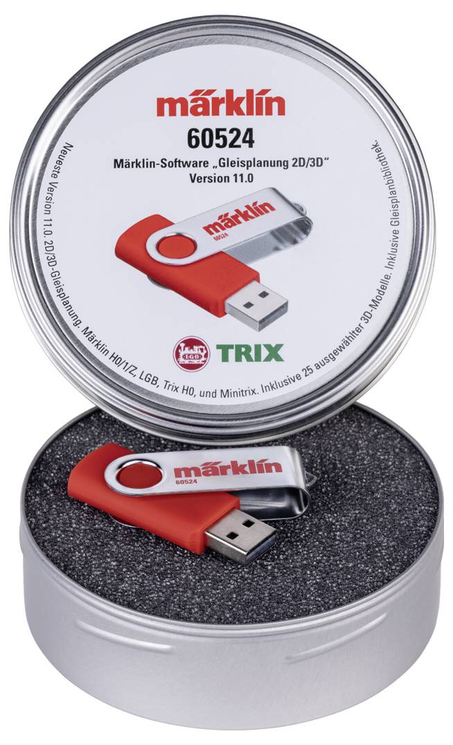 Ronde metalen doos met een USB-stick en de tekst 'märklin 60524', bevat software voor spoorwegplanning in 2D/3D Versie 11.0.