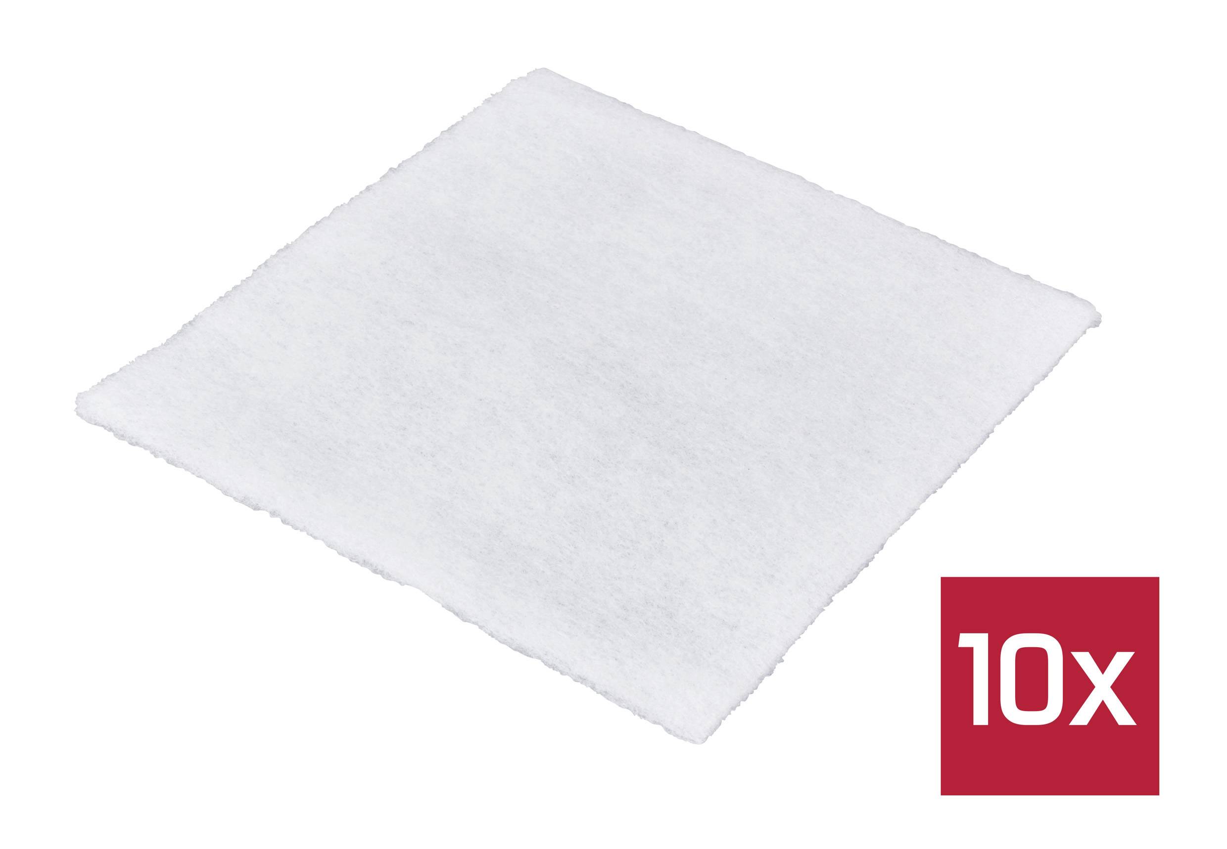Tien vierkante witte filterpads op een witte achtergrond, geaccentueerd door een rode doos met de tekst '10x'.