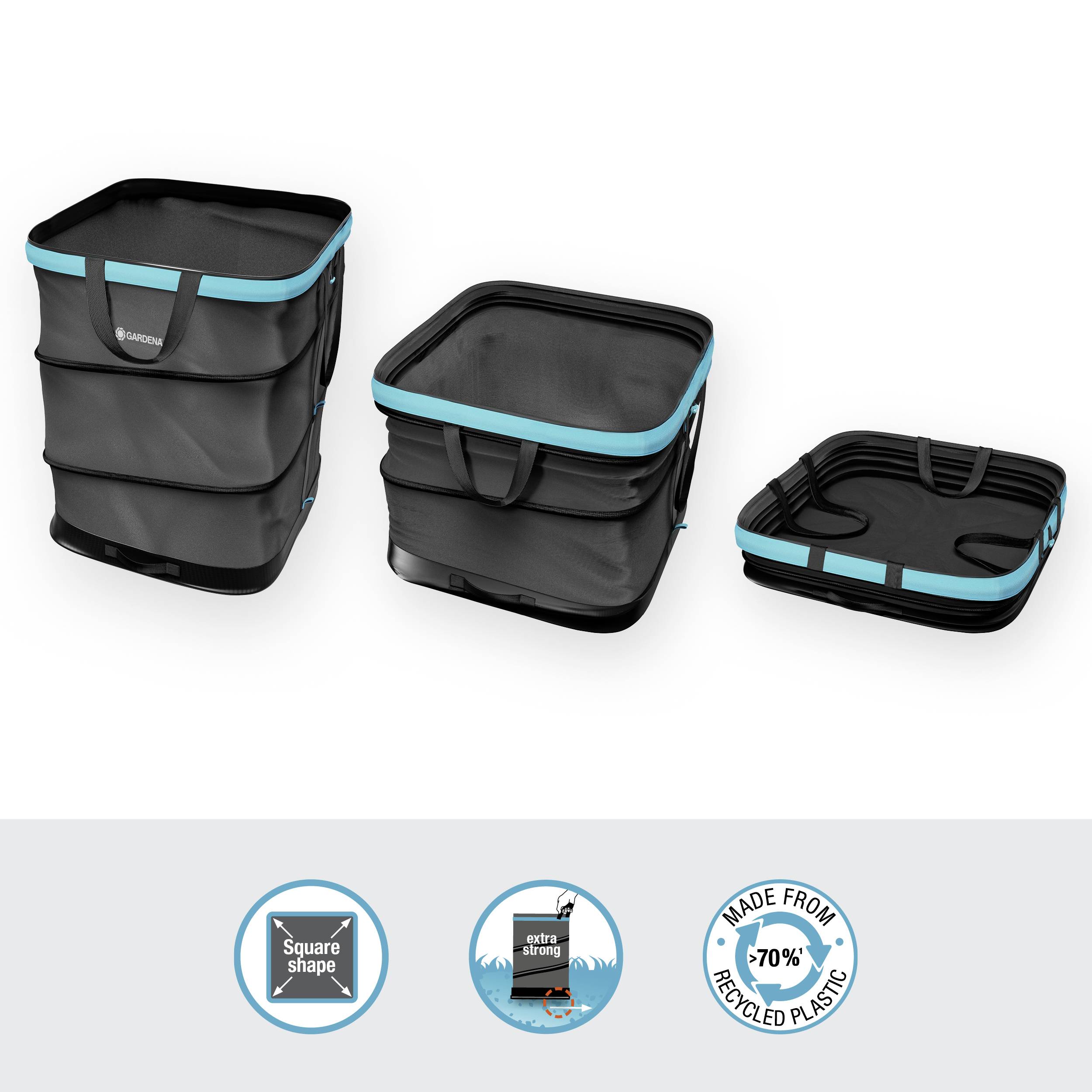 Opvouwbare, grijze wasmanden in verschillende formaten met blauwe accenten. Labels: 'Vierkante vorm', 'Extra robuust', '70% gerecycled plastic'.