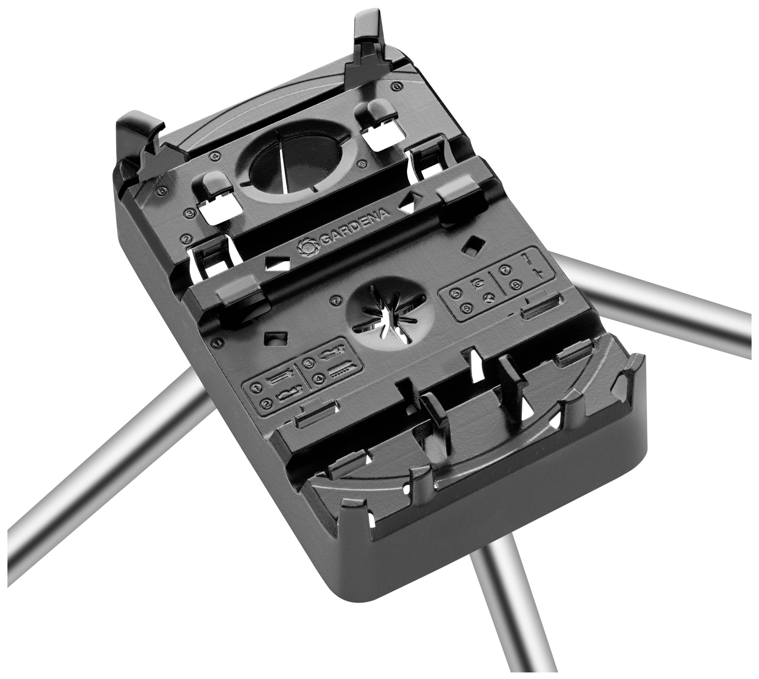 Raspensproeier-basis voor een automatisch irrigatiesysteem, compatibel met Gardena-systemen, met zwarte houder en steunbeugels.