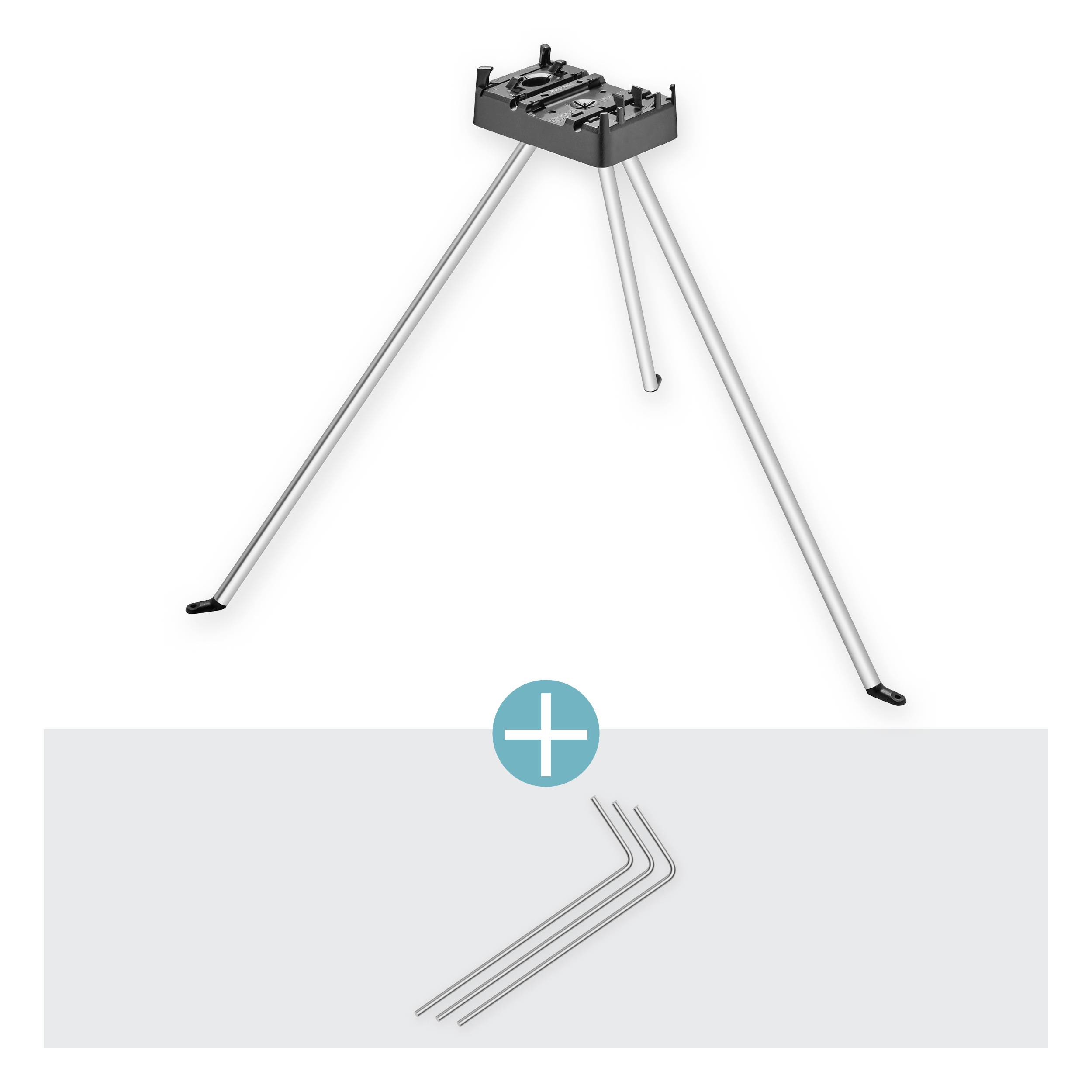 'Driepootstandaard voor de grill met extra set poten, op grijze achtergrond.'