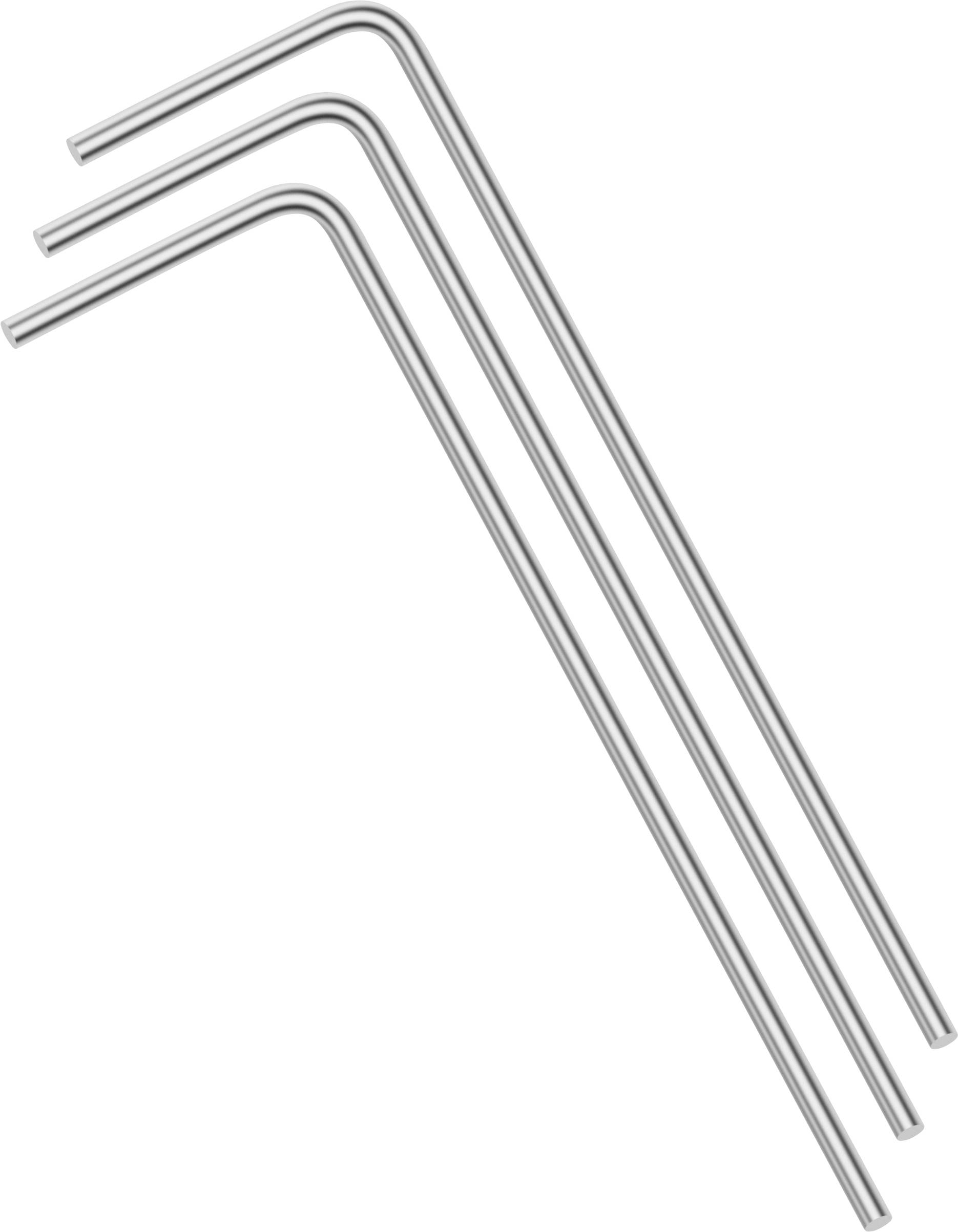 Drie gebogen metalen rietjes op een witte achtergrond.