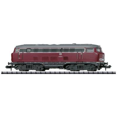 Een rode modellocomotief staat op rails. Hij heeft een opvallende, gestroomlijnde vorm en behoort tot het voertuigtype van de Deutsche Bahn.