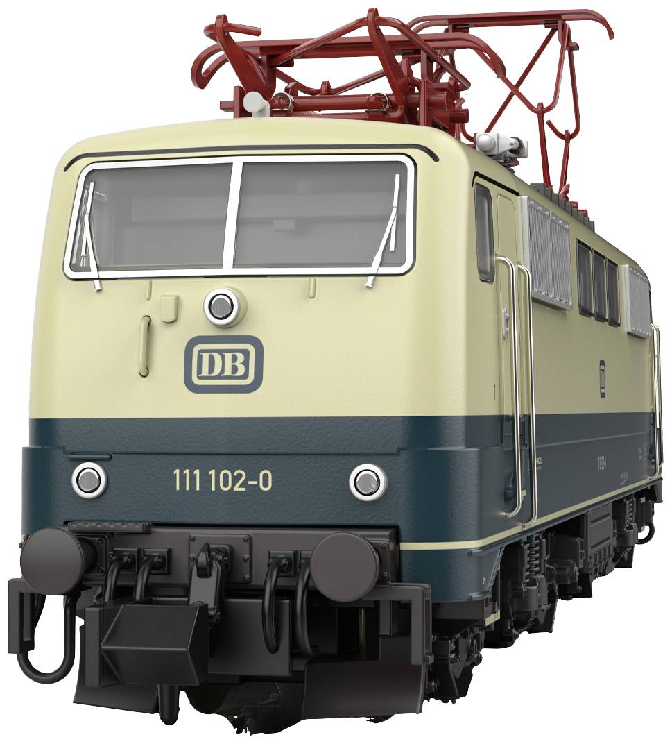 Een beige en blauwe elektrische locomotief van de Deutsche Bahn met nummer '111 102-0', gefotografeerd van voren.