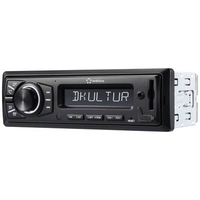 Autoradio met display toont 'DKULTUR'. Links: bedieningsknop en toetsen. Rechts: USB-aansluiting. Markering: renkforce.