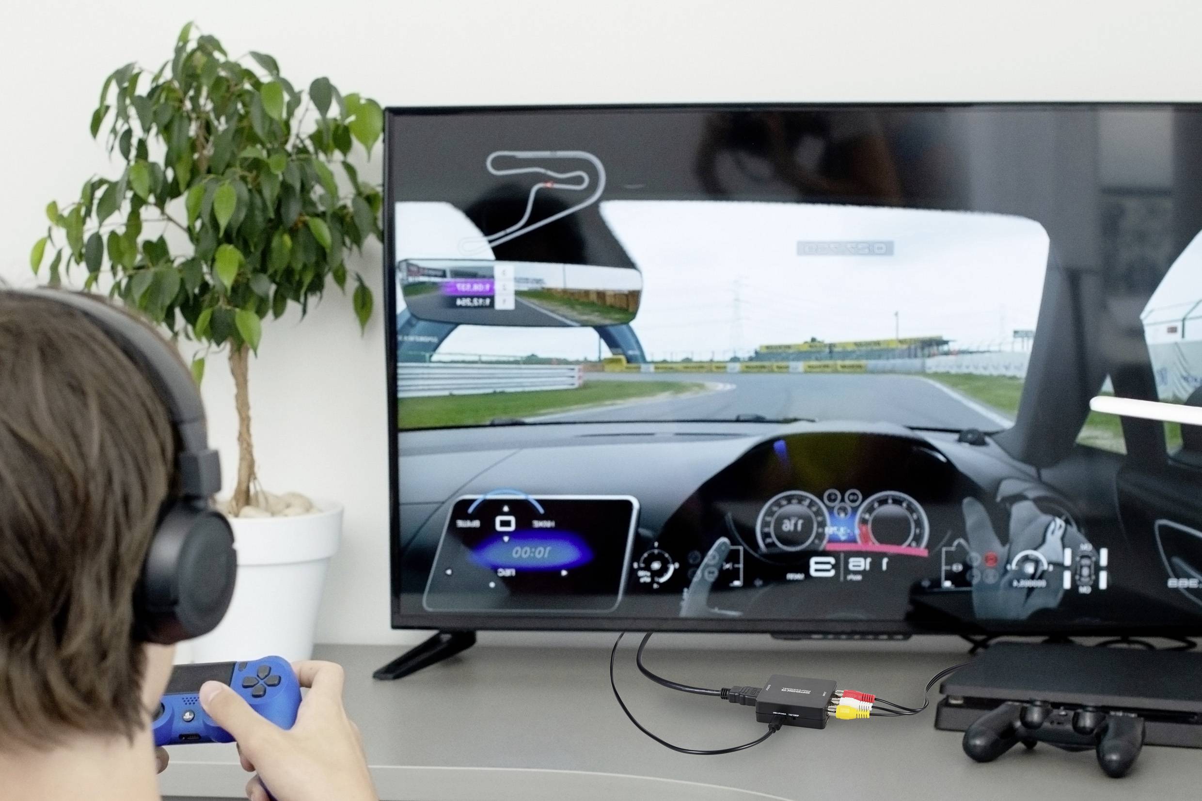 Een persoon speelt een autoracespel op een televisie, houdt een blauwe controller in de hand. Een boom staat op de achtergrond.