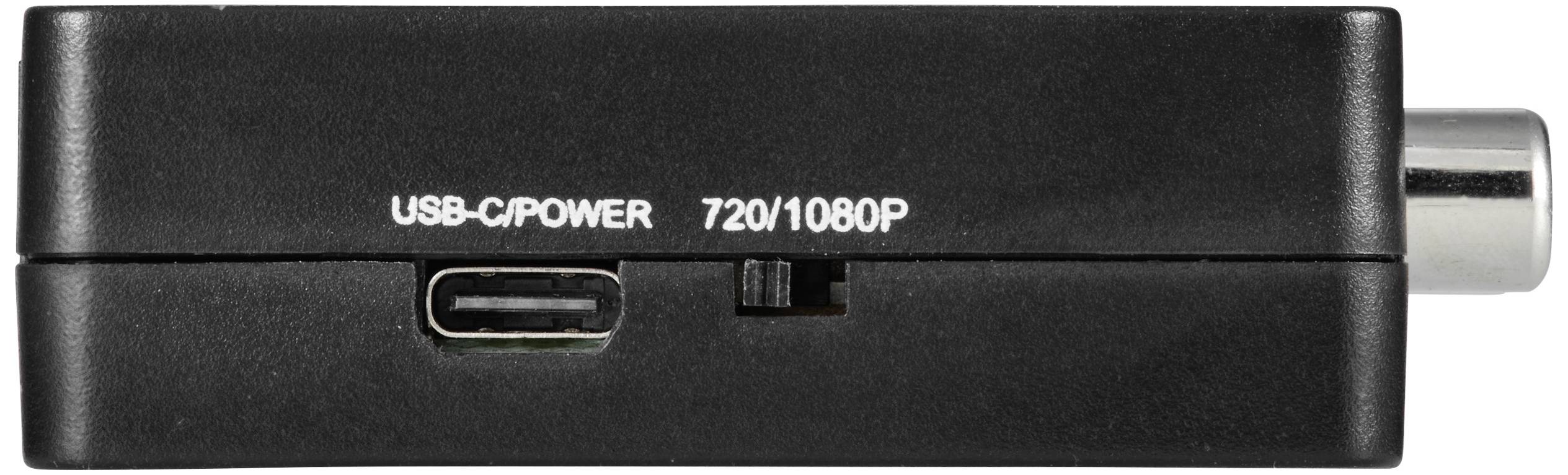 Zwart elektronisch apparaat met opschrift 'USB-C/POWER 720/1080P', toont een USB-C-poort en een metalen aansluiting aan de zijkant.