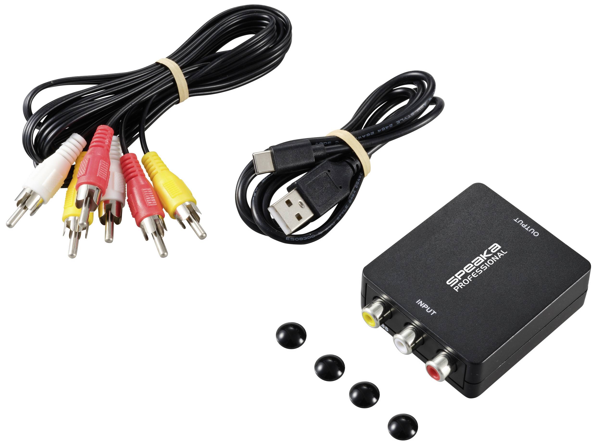 Zwarte audio-converter met RCA-aansluitingen, USB-kabel en RCA-kabels met rode, witte en gele stekkers op witte achtergrond.