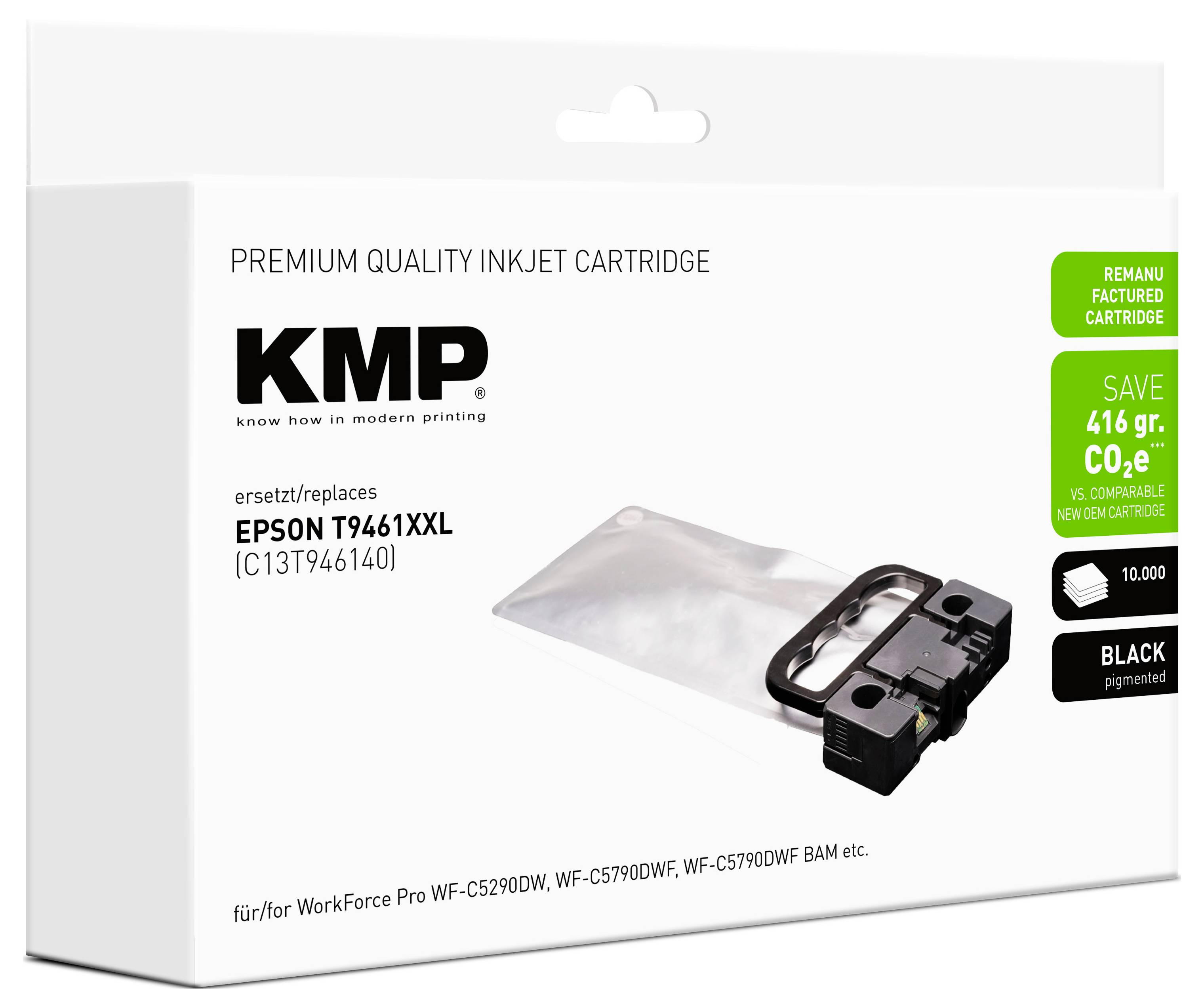 KMP premium kwaliteit inktjetcartridge verpakking voor Epson T9461XXL, zwart pigment, met besparings- en compatibele cartridgelabels.