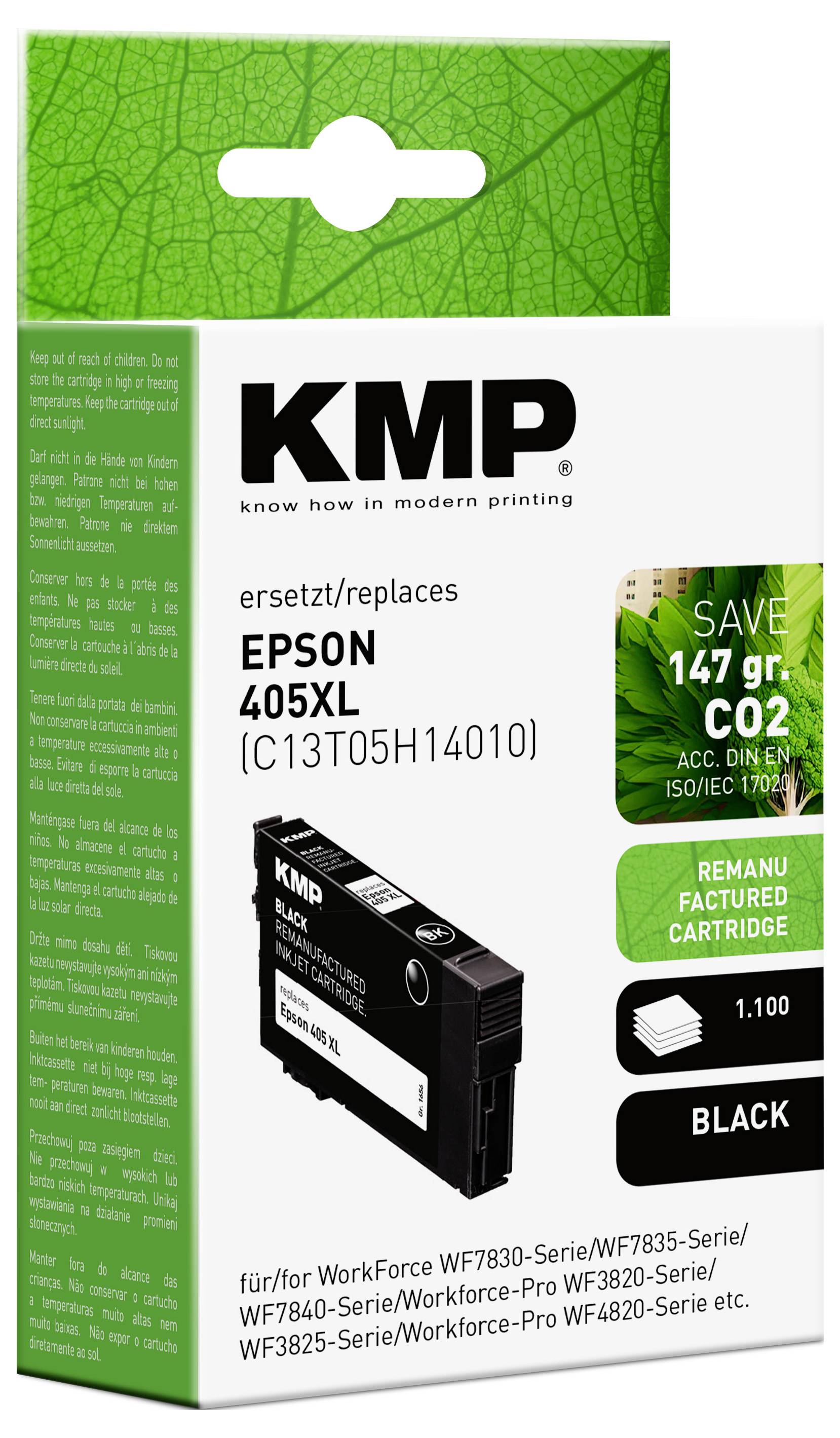 'KMP gereconditioneerde zwarte inktcartridge voor Epson 405XL', verpakking toont milieuvriendelijk label, bespaart 147g CO2, compatibele modellen vermeld.
