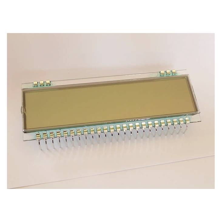 Een rechthoekig LCD-display met meerdere aansluitpennen onderaan, weergegeven op een lichte achtergrond.