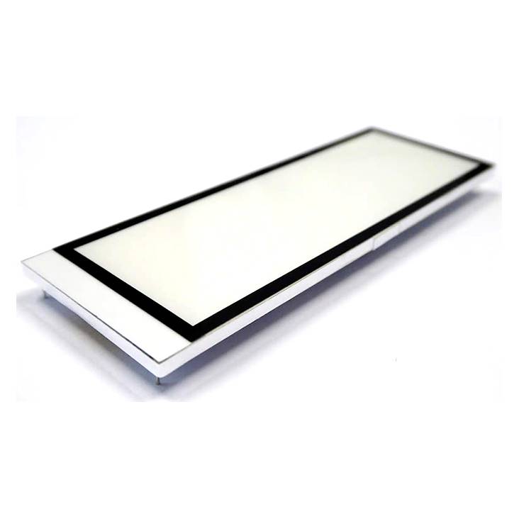 Plat rechthoekig LED-paneel in het wit met zwarte rand, schuin gefotografeerd vanuit de zijkant.