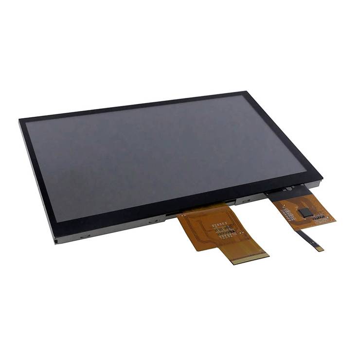 Een zwart, rechthoekig touchscreen-display met twee flexkabels aan de onderkant toont een niet aangesloten elektronisch onderdeel.