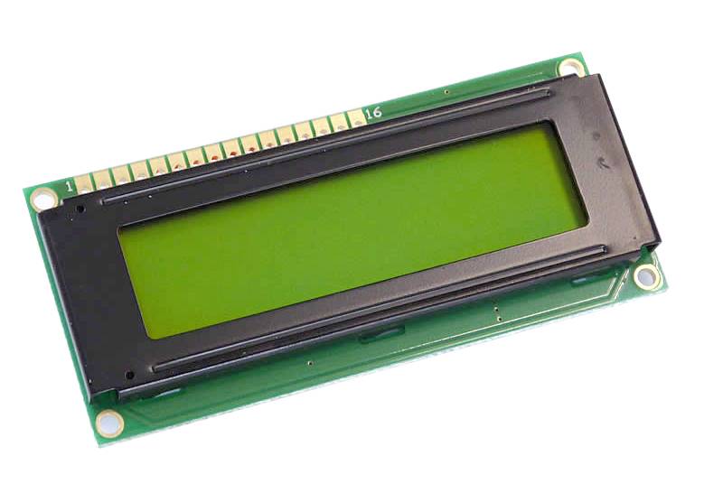 LCD-module met groene beeldscherm en aansluitbalk, geschikt voor elektronische projecten voor het weergeven van informatie.