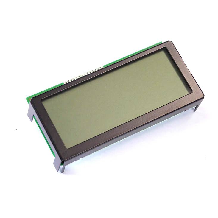 Een rechthoekig LCD-displaymodule op een witte achtergrond. Het display is donker en niet verlicht. Het heeft een groene printplaat.
