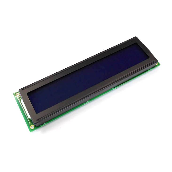 Een rechthoekig LCD-display met een zwart scherm op een groene printplaat ligt licht schuin op een wit oppervlak.