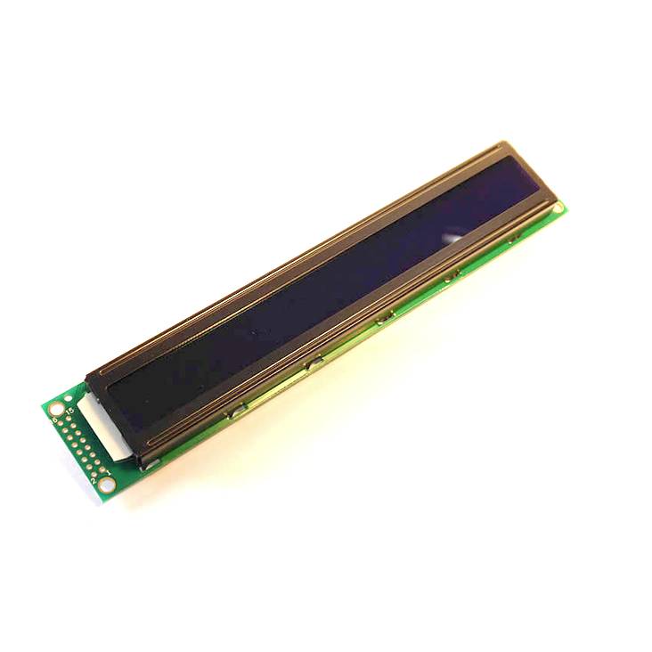 Lang rechthoekig displaymodule met zwart scherm. Groene printplaat met aansluitpennen zichtbaar aan de linkerkant.