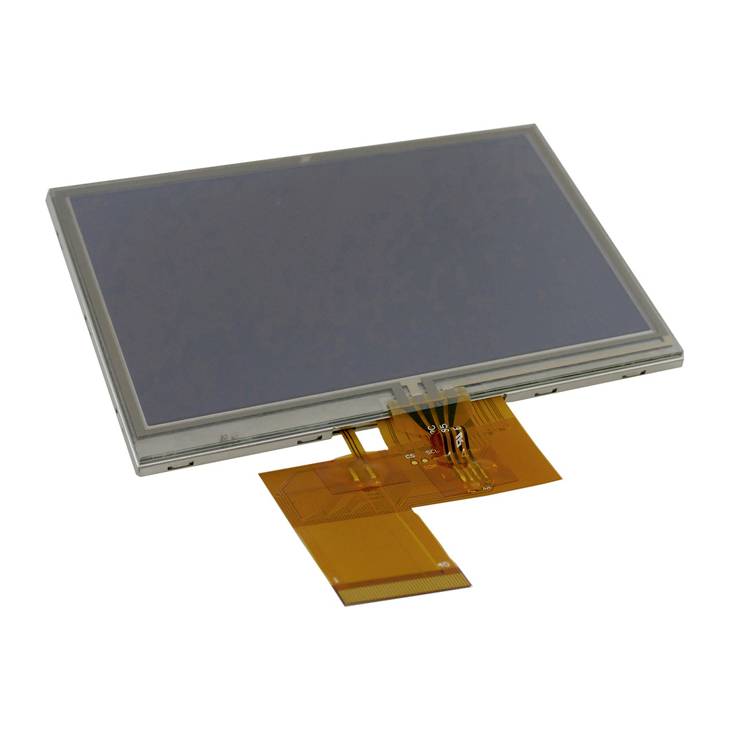 Een rechthoekig LCD-touchscreen met flexibele aansluitfolie, geschikt voor elektronische apparaten.