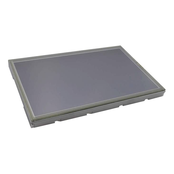 Een rechthoekig, grijs display-module met een zilveren rand, dat wordt gebruikt voor elektronische weergaveapparatuur.