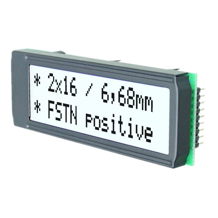 LCD-display in rechthoekige behuizing toont tekst: '2x16 / 6,68mm' en 'FSTN positief'. Scherm is verlicht.