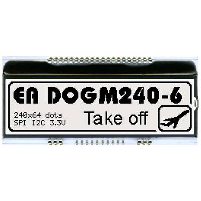 LCD-display met tekst 'EA DOGM240-6'. Eronder specificaties: '240x64 pixels, SPI I2C 3,3V'. Tekst 'Take off' met vliegtuigsymbool.