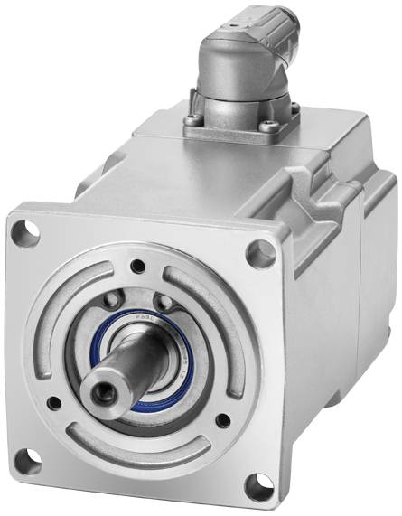 Een zilveren elektromotor met een blauw lager in het midden, rechthoekige vorm en bovenaan een kabelaansluiting. Geschikt voor industriële machines.