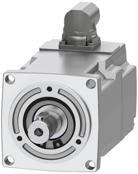 Een zilveren servomotor met een vierkante frontplaat en een ronde as. De motor heeft een cilindrisch aansluitstuk bovenaan.