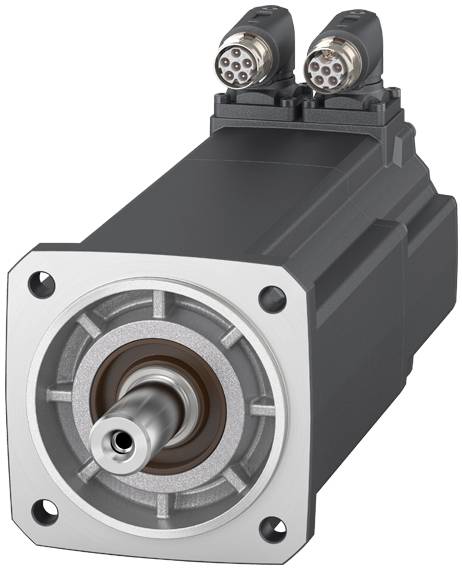 Afbeelding van een zwarte servomotor met twee aansluitingen bovenaan, zichtbare as aan de voorkant. Wordt gebruikt voor precisiebesturing in machines.