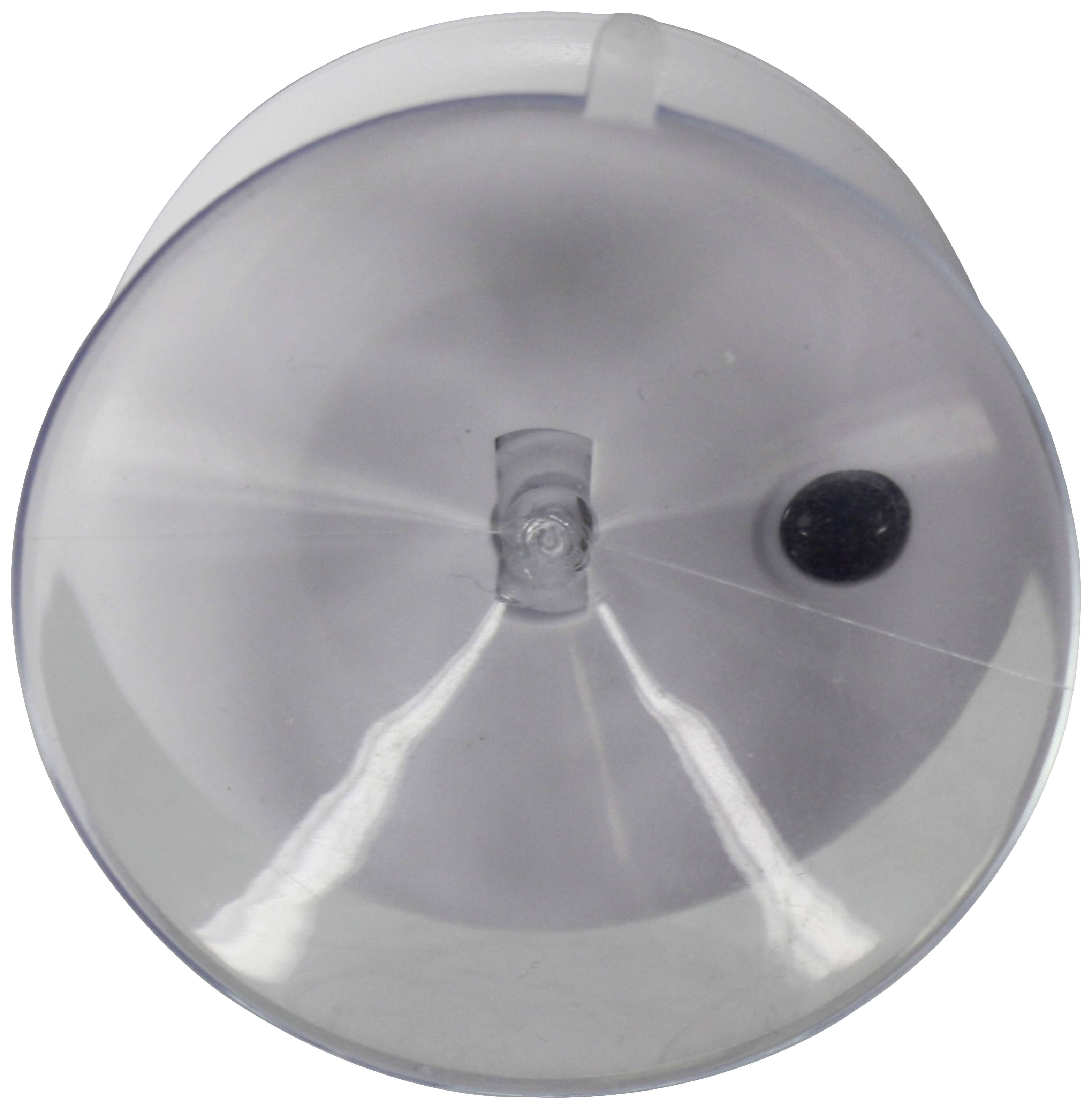 Een transparante zuignap-haakhouder, weergegeven van bovenaf, toont een centrale bevestiging en een zijdelingse opening voor de haak.