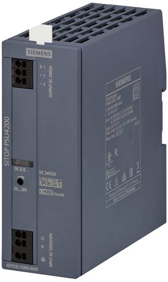 Een grijs industrieel voedingsapparaat van Siemens met het opschrift 'SITOP PSU4200', met meerdere aansluitingen voor gelijkstroomuitgangen.