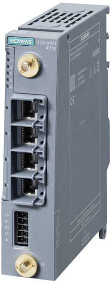 Een Siemens Scalance W700, industriële Ethernet-switch, met meerdere Ethernet-aansluitingen en LED's voor netwerkconnectiviteit.
