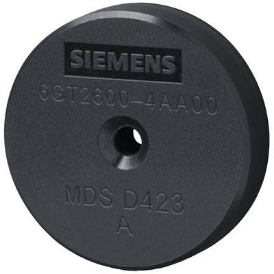 Ronde, zwarte elektronische component met opschrift 'SIEMENS 6GT2600-4AA00 MDS D423 A', vermoedelijk RFID-tag of -transponder.