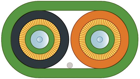 Een diagram toont twee naast elkaar gelegen, gelijkgrote cirkels. De linker cirkel is zwart met een oranje rand, de rechter cirkel is oranje met een groene rand.