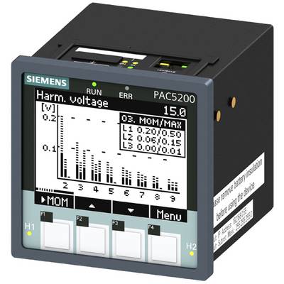 'Siemens PAC5200 energiemeetapparaat' toont harmonische spanningsanalyse op een display met staafdiagram en meetwaarden.