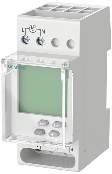 Een elektronische tijdschakelklok van Siemens, met een groen display en bedieningsknoppen eronder. Bovenzijde toont aansluitingen L, M, N.