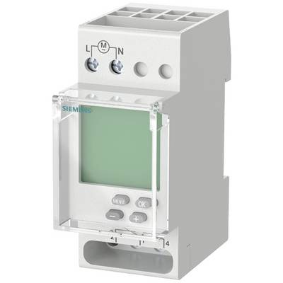 Een elektronische tijdschakelklok van Siemens, met een groen display en bedieningsknoppen eronder. Bovenzijde toont aansluitingen L, M, N.
