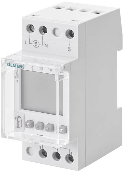 Een grijze Siemens-timer met digitaal display, vijf toetsen en aansluitklemmen boven en onder; voor elektrische besturingen.