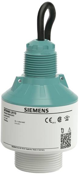 De ultrasone sensor 'Siemens LR110' voor niveaumeting, cilindervormig, met etiket, QR-code en CE-markering op het oppervlak.