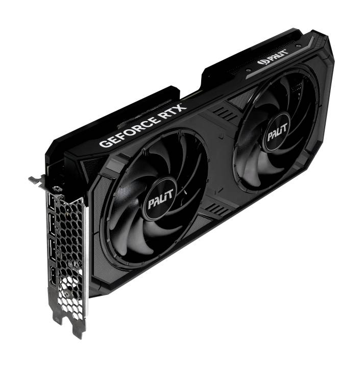 'Zwarte GeForce RTX grafische kaart van Palit met twee ventilatoren, PCIe-aansluitingen aan de zijkant. 3D-weergave onder een diagonale hoek.'