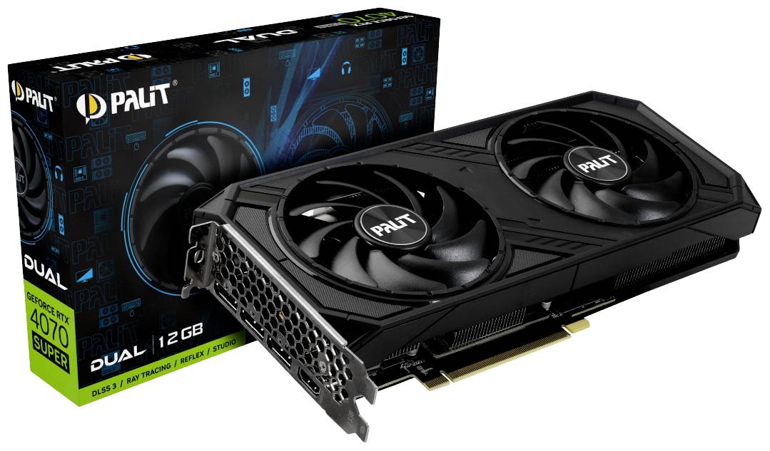 Grafische kaart van Palit met twee ventilatoren voor de verpakking, waarop de naam van de kaart 'Palit GeForce RTX 4070 Super' en '12 GB' staat weergegeven.