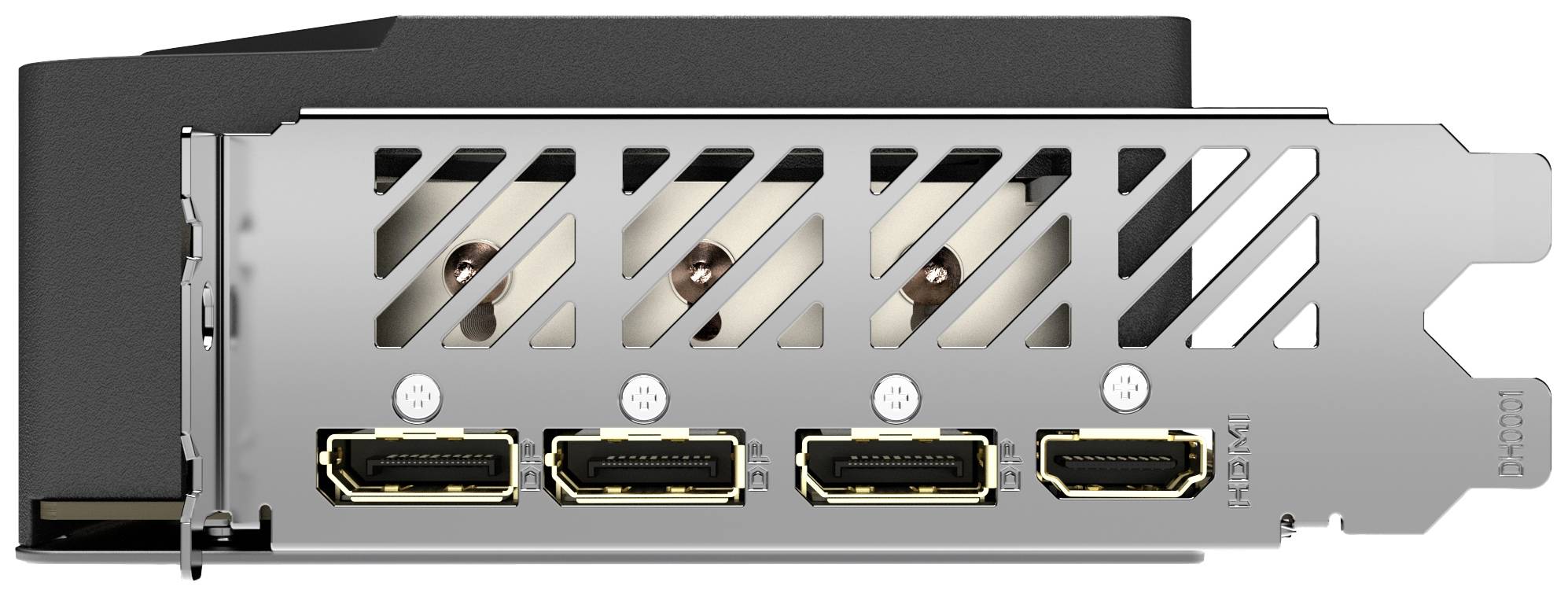 De afbeelding toont de achterkant van een videokaart met vier HDMI-poorten en een ventilatorelement.