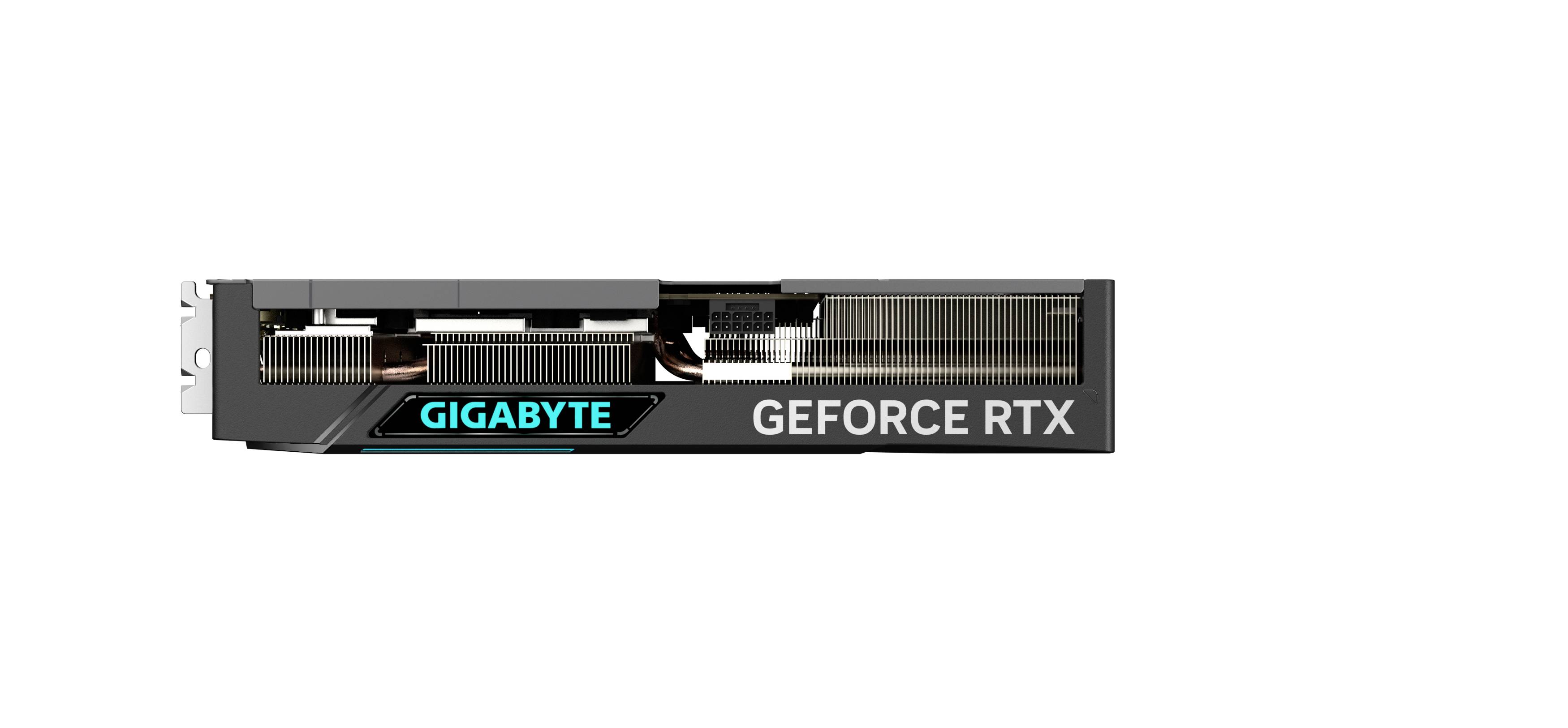 Grafische kaart van opzij, toont het opschrift 'GIGABYTE GEFORCE RTX', met zichtbare ventilatoren en koelribben.
