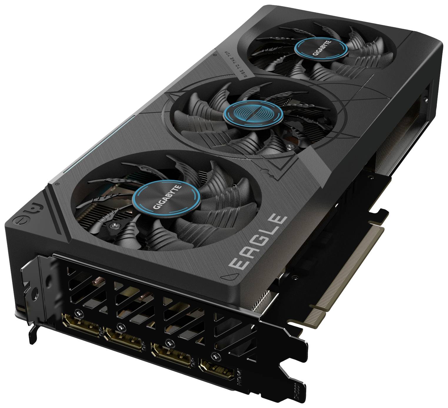 Zwarte videokaart met drie ventilatoren en de tekst 'Eagle' aan de zijkant, toont technische details zoals koelsysteem en aansluitingsmogelijkheden.
