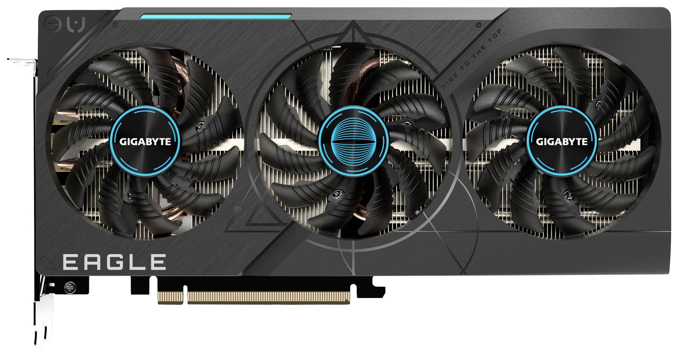 Videokaart met drie ventilatoren, het merklogo 'GIGABYTE' zichtbaar. Modelnaam 'EAGLE' onderaan links. Ontworpen voor high-performance graphics.