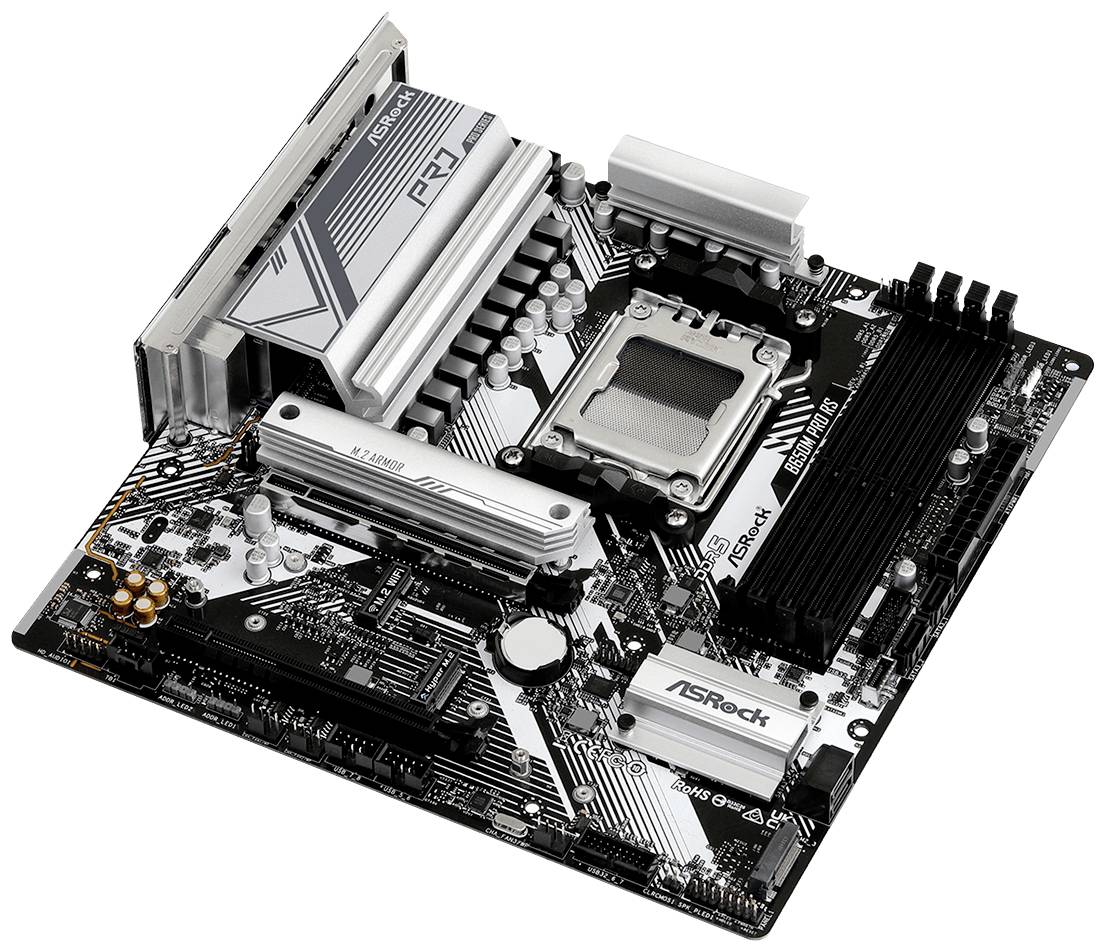 Computermoederbord met verschillende aansluitingen en uitbreidingssleuven, waaronder een CPU-socket en RAM-sleuven.