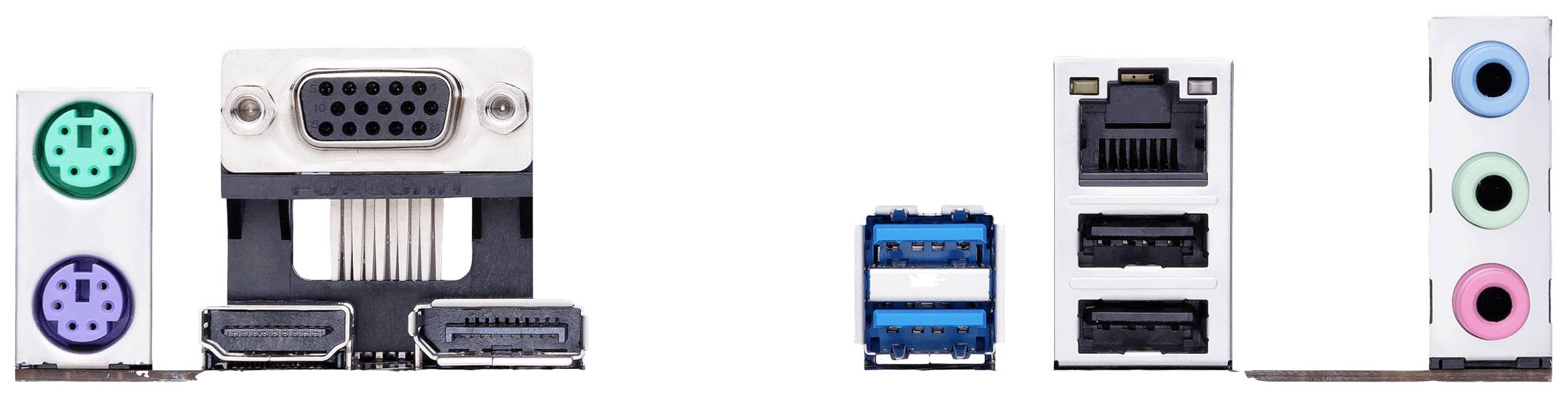 Achterkant van een computermoederbord met verschillende aansluitingen: PS/2, VGA, HDMI, USB, Ethernet en audio-aansluitingen.