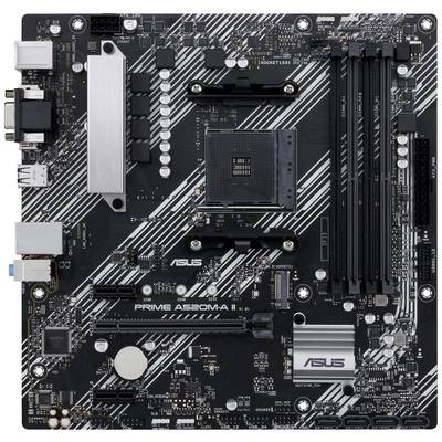 'ASUS PRIME A520M-A II Moederbord' met meerdere aansluitingen en sleuven voor processors en geheugenmodules.